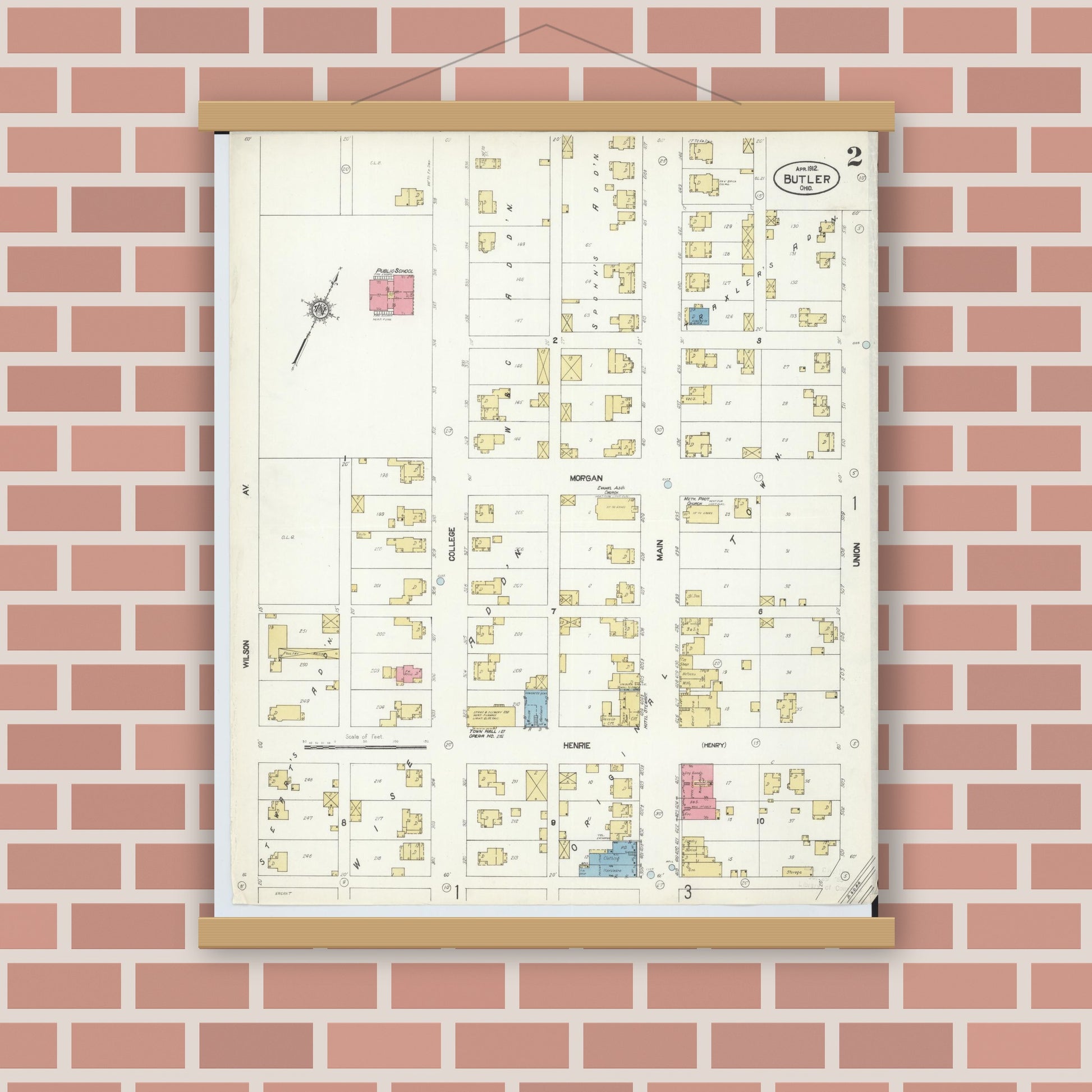 Old map wall art mockup — magnetic wood frame on brick wall — Sanborn Fire Insurance Map from Butler, Richland County, Ohio (1912), Sheet #0002