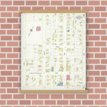 Old map wall art mockup — magnetic wood frame on brick wall — Sanborn Fire Insurance Map from Butler, Richland County, Ohio (1912), Sheet #0002