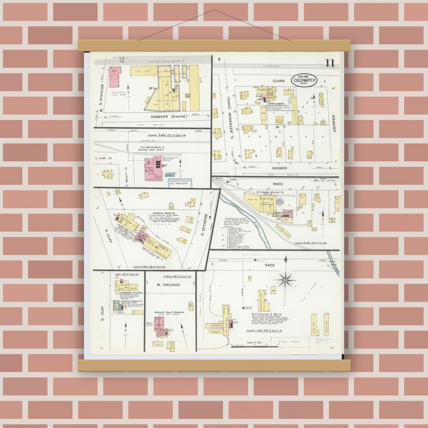 Old map wall art mockup — magnetic wood frame on brick wall — Sanborn Fire Insurance Map from Coldwater, Branch County, Michigan (1908), Sheet #0011