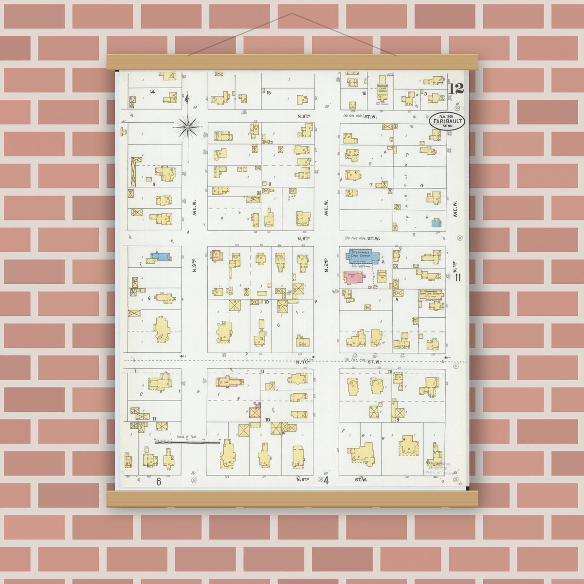 Old map wall art mockup — magnetic wood frame on brick wall — Sanborn Fire Insurance Map from Faribault, Rice County, Minnesota (1905), Sheet #0012