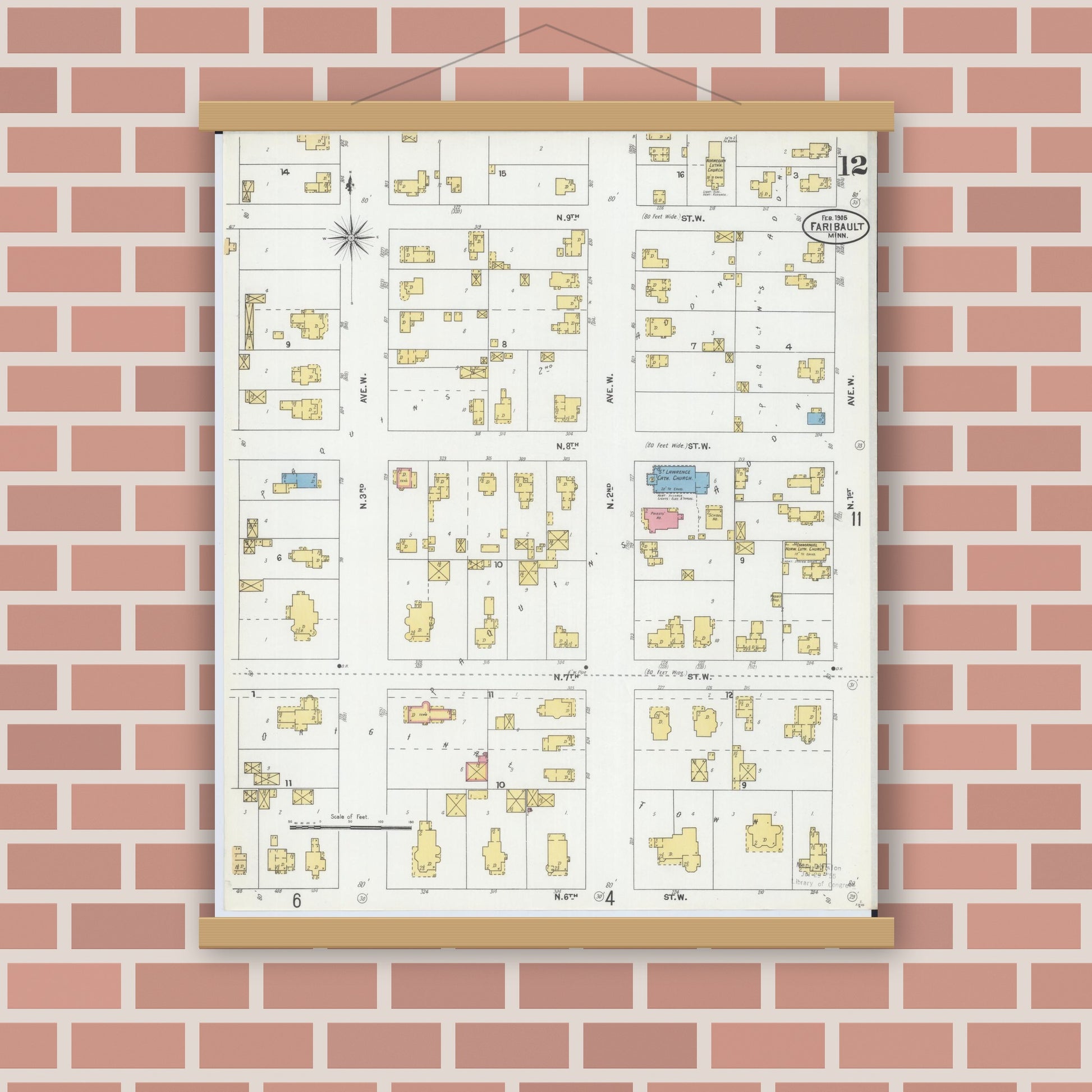 Old map wall art mockup — magnetic wood frame on brick wall — Sanborn Fire Insurance Map from Faribault, Rice County, Minnesota (1905), Sheet #0012