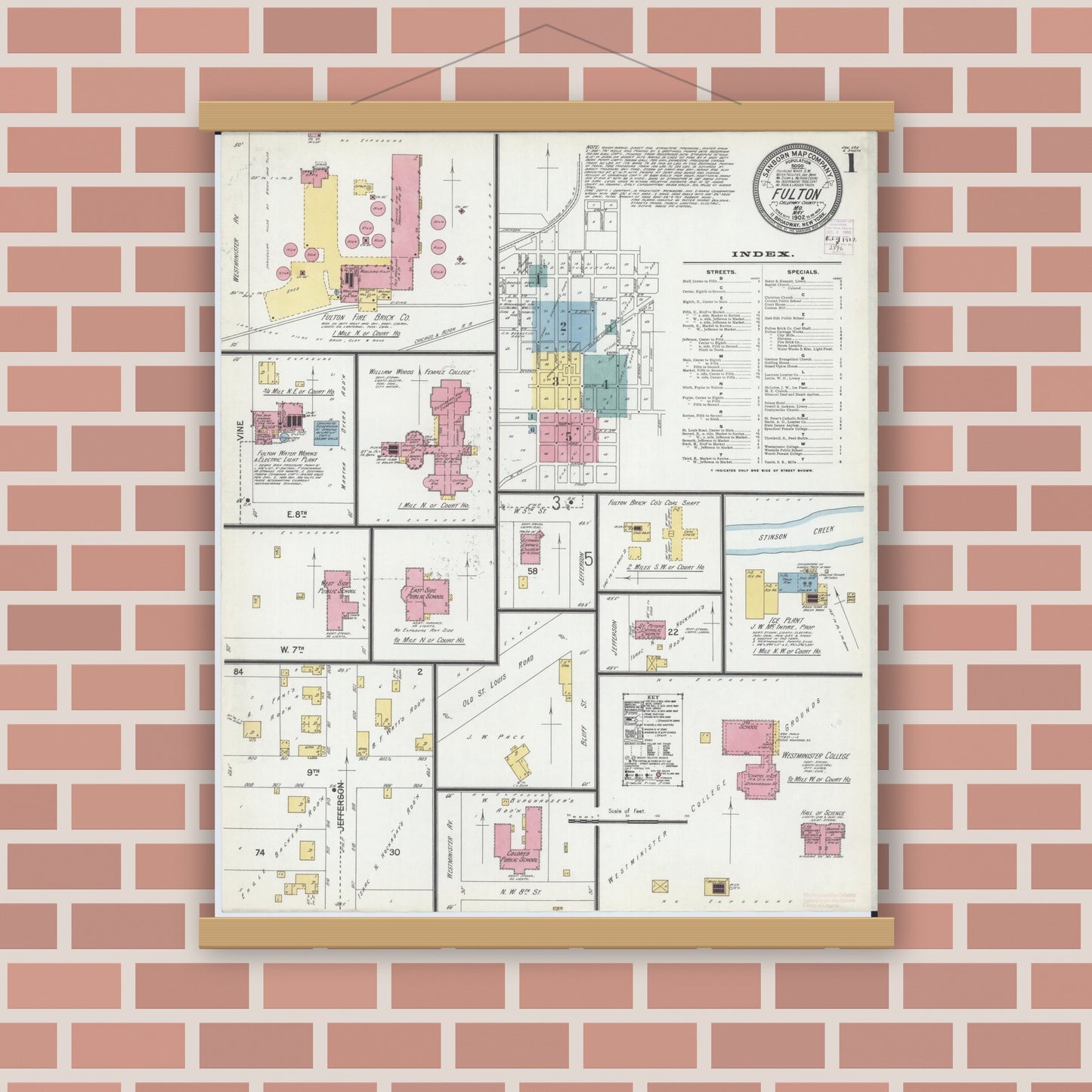 Old map wall art mockup — magnetic wood frame on brick wall — Sanborn Fire Insurance Map from Fulton, Callaway County, Missouri (1902) - Complete Map Set