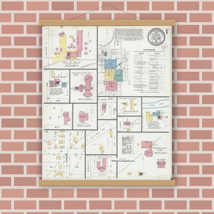 Old map wall art mockup — magnetic wood frame on brick wall — Sanborn Fire Insurance Map from Fulton, Callaway County, Missouri (1902) - Complete Map Set