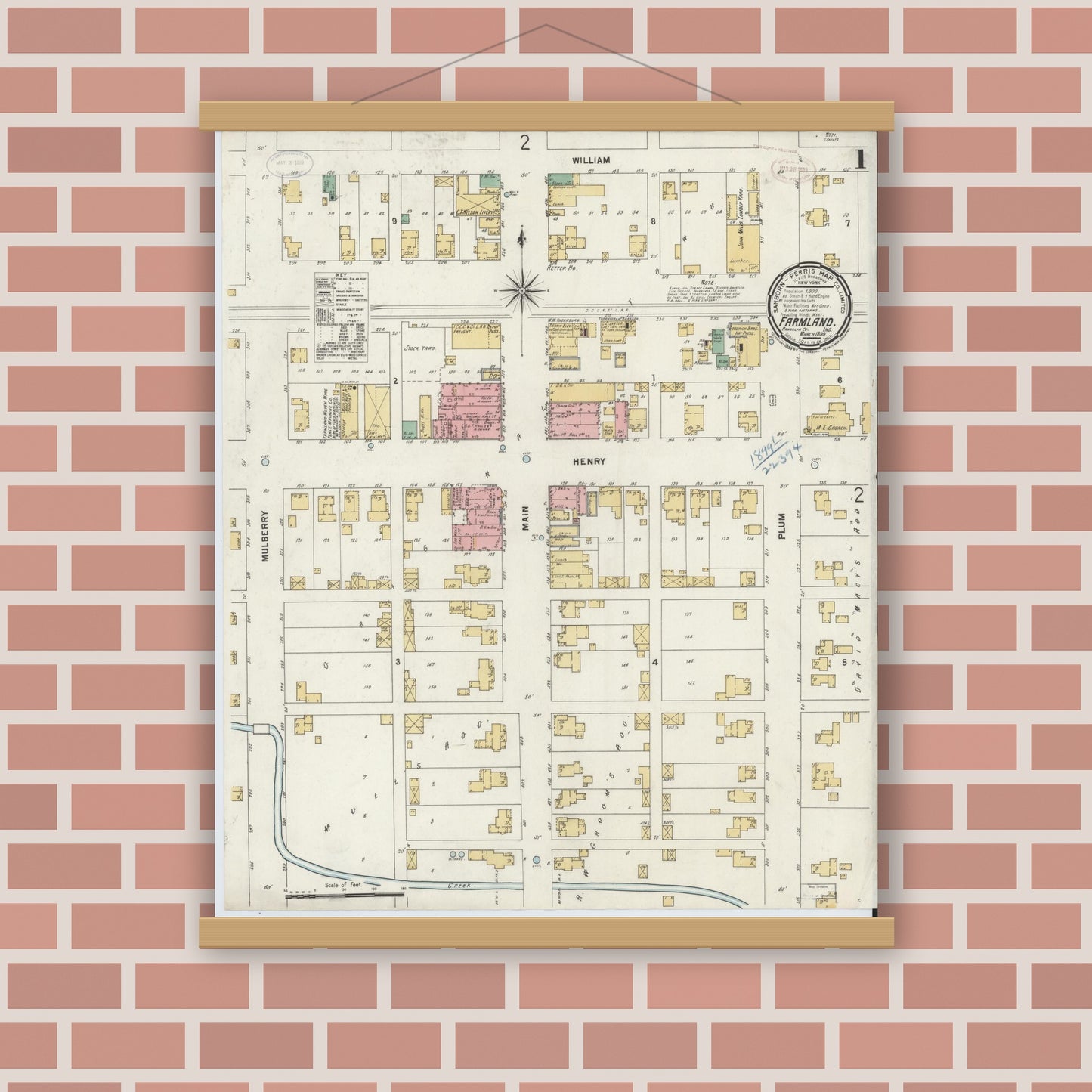 Old map wall art mockup — magnetic wood frame on brick wall — Sanborn Fire Insurance Map from Farmland, Randolph County, Indiana (1899) - Complete Map Set