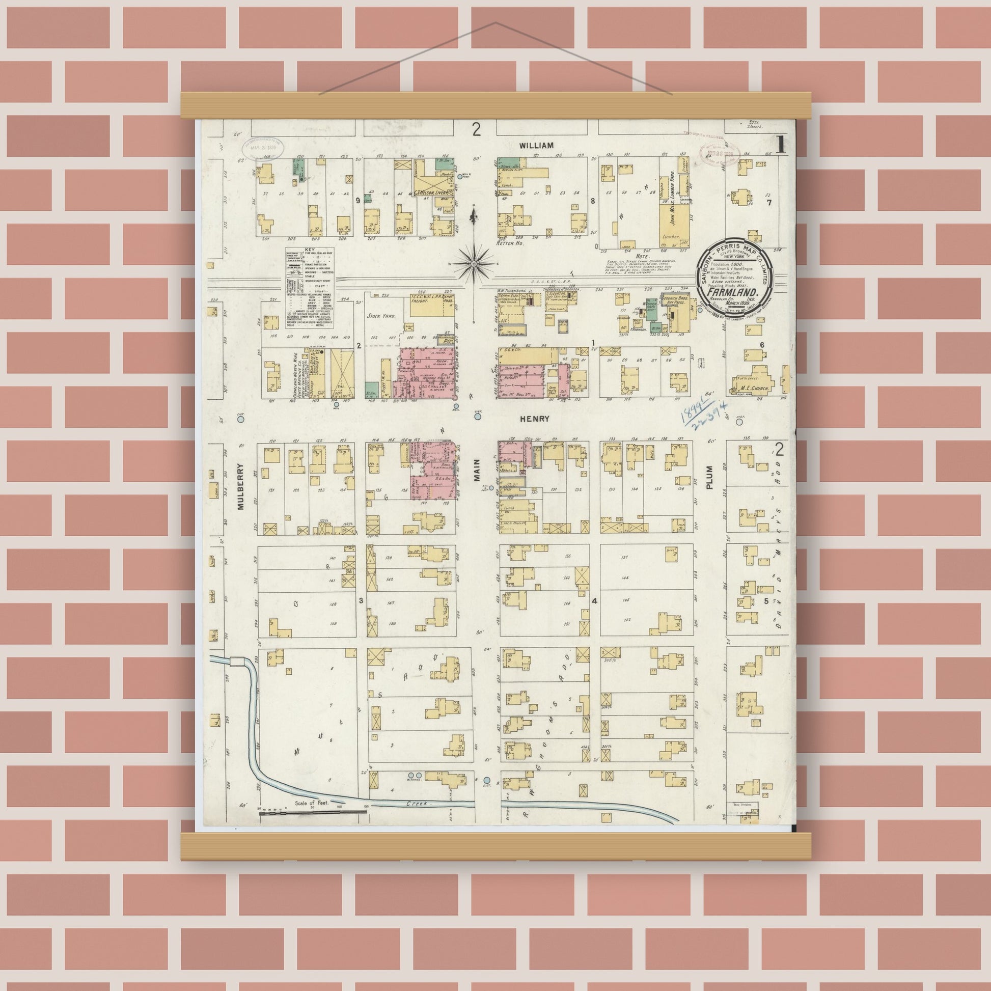 Old map wall art mockup — magnetic wood frame on brick wall — Sanborn Fire Insurance Map from Farmland, Randolph County, Indiana (1899) - Complete Map Set