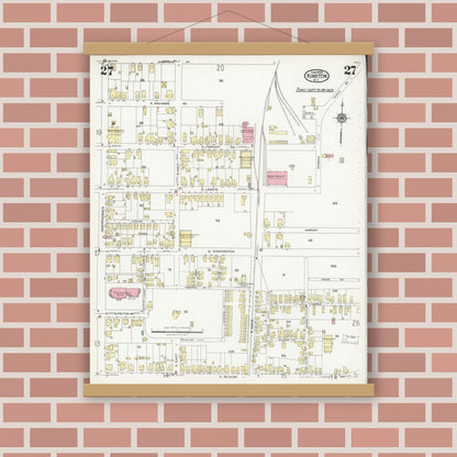 Old map wall art mockup — magnetic wood frame on brick wall — Sanborn Fire Insurance Map from Kinston, Lenoir County, North Carolina (1925), Sheet #0027