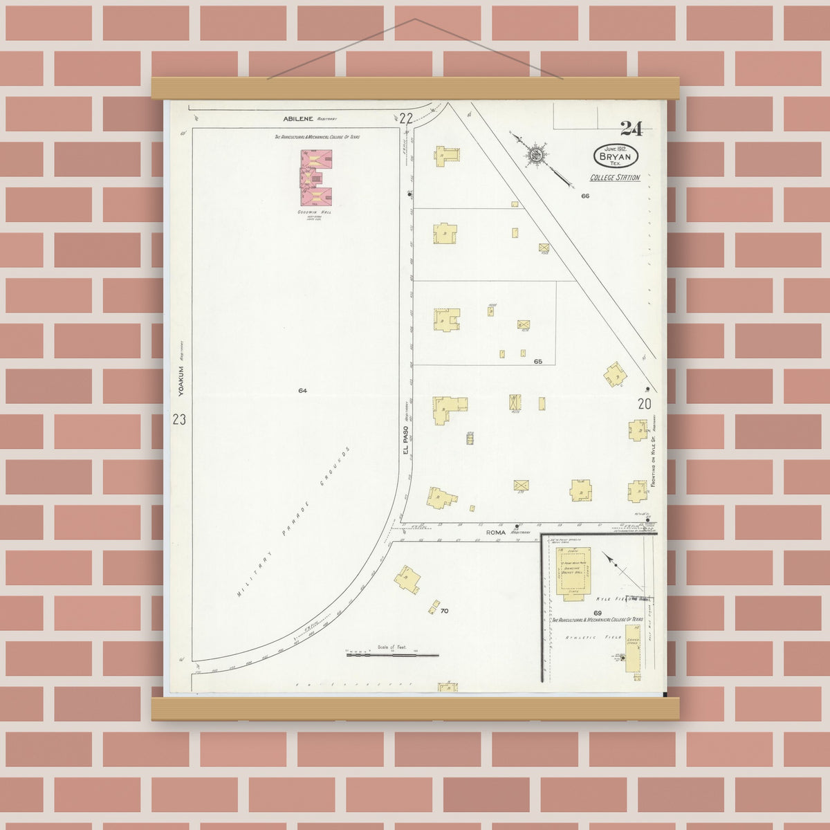 Old map wall art mockup — magnetic wood frame on brick wall — Sanborn Fire Insurance Map from Bryan, Brazos County, Texas (1912), Sheet #0024