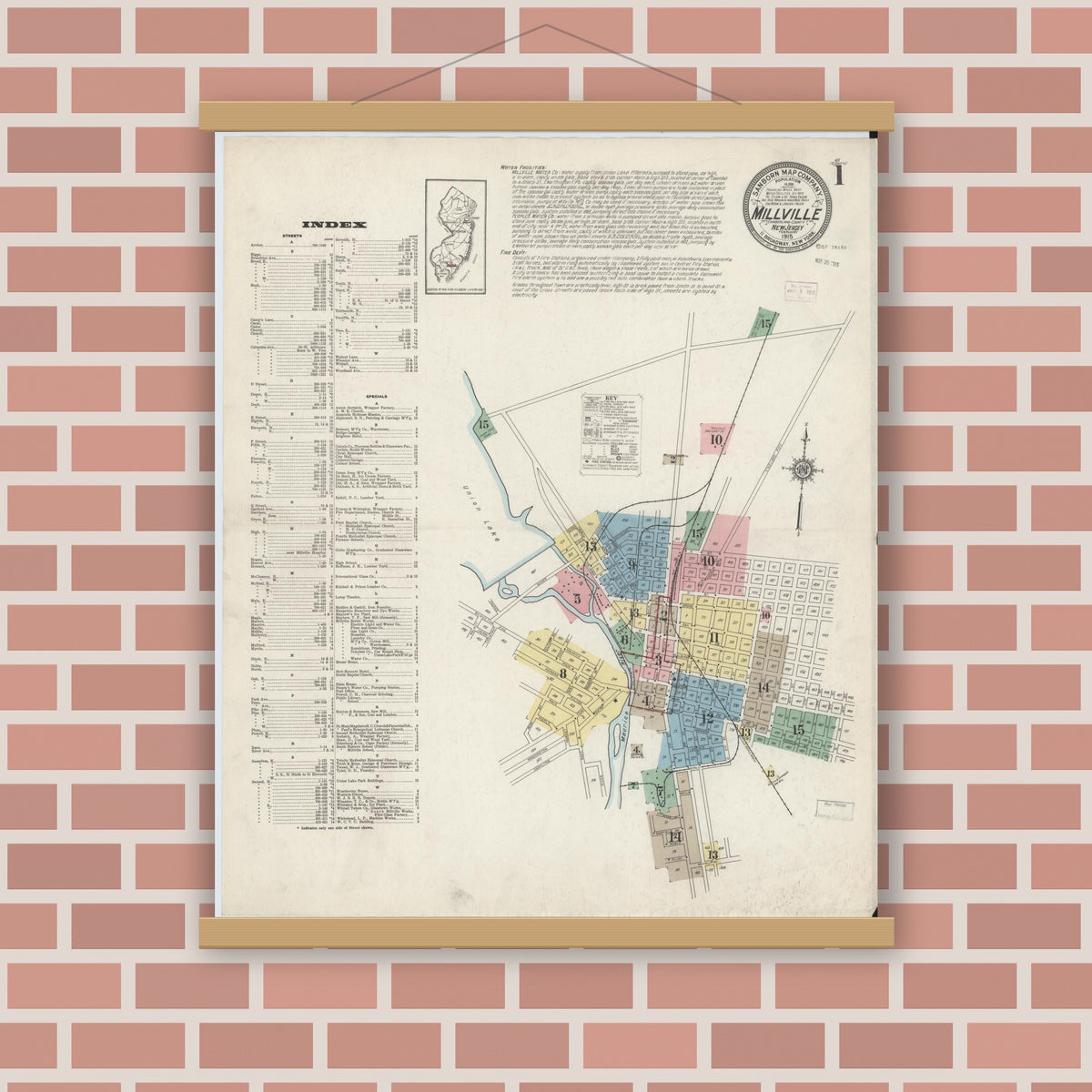 Old map wall art mockup — magnetic wood frame on brick wall — Sanborn Fire Insurance Map from Millville, Cumberland County, New Jersey (1915), Sheet #0001