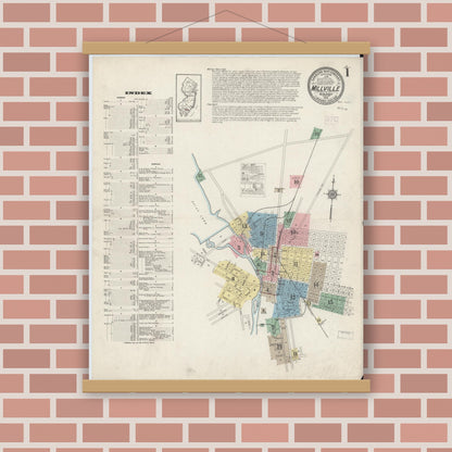 Old map wall art mockup — magnetic wood frame on brick wall — Sanborn Fire Insurance Map from Millville, Cumberland County, New Jersey (1915), Sheet #0001