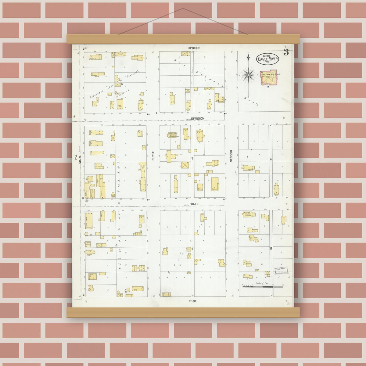Old map wall art mockup — magnetic wood frame on brick wall — Sanborn Fire Insurance Map from Eagle River, Vilas County, Wisconsin (1901), Sheet #0003