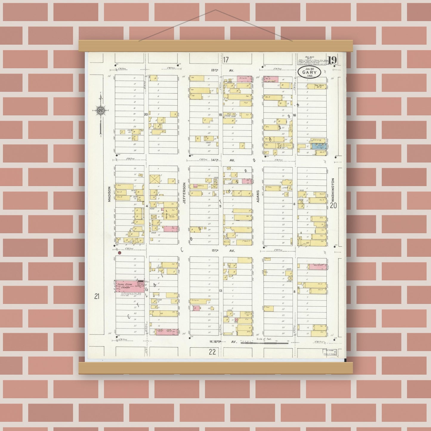 Old map wall art mockup — magnetic wood frame on brick wall — Sanborn Fire Insurance Map from Gary, Lake County, Indiana (1911), Sheet #0019