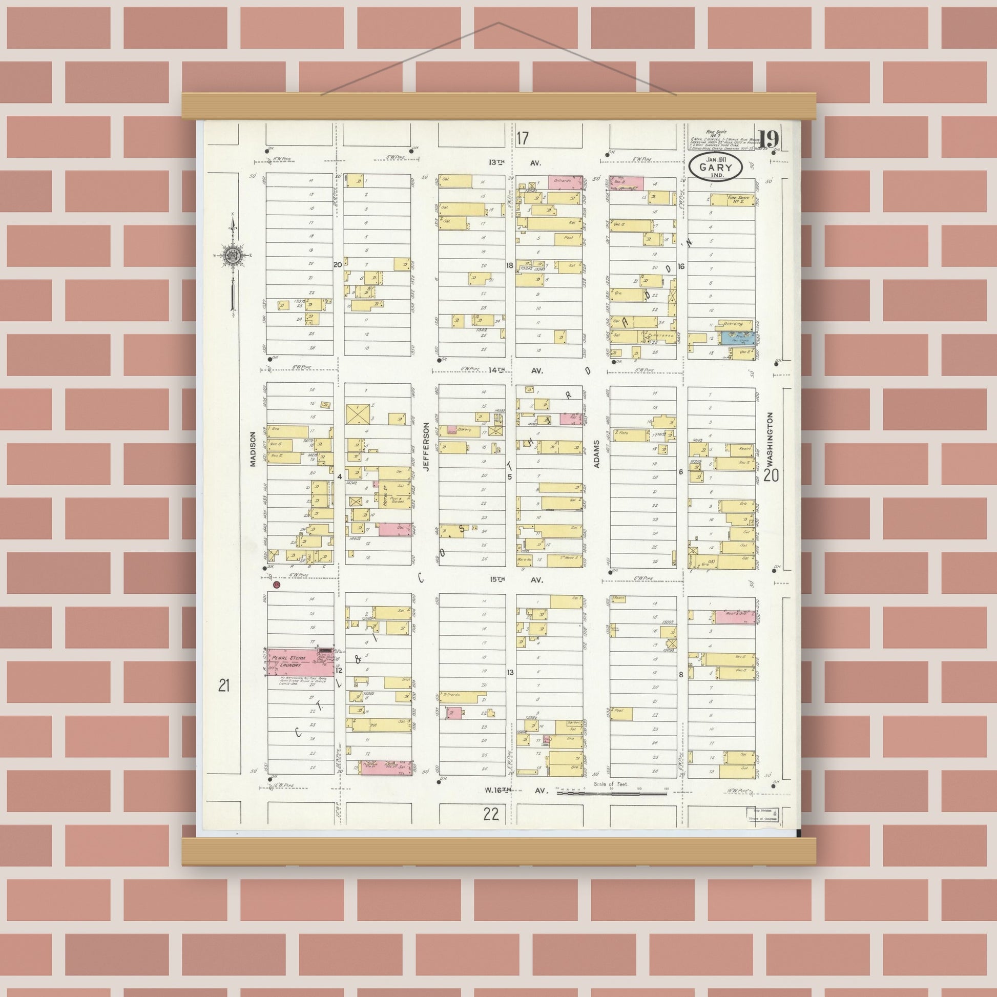 Old map wall art mockup — magnetic wood frame on brick wall — Sanborn Fire Insurance Map from Gary, Lake County, Indiana (1911), Sheet #0019
