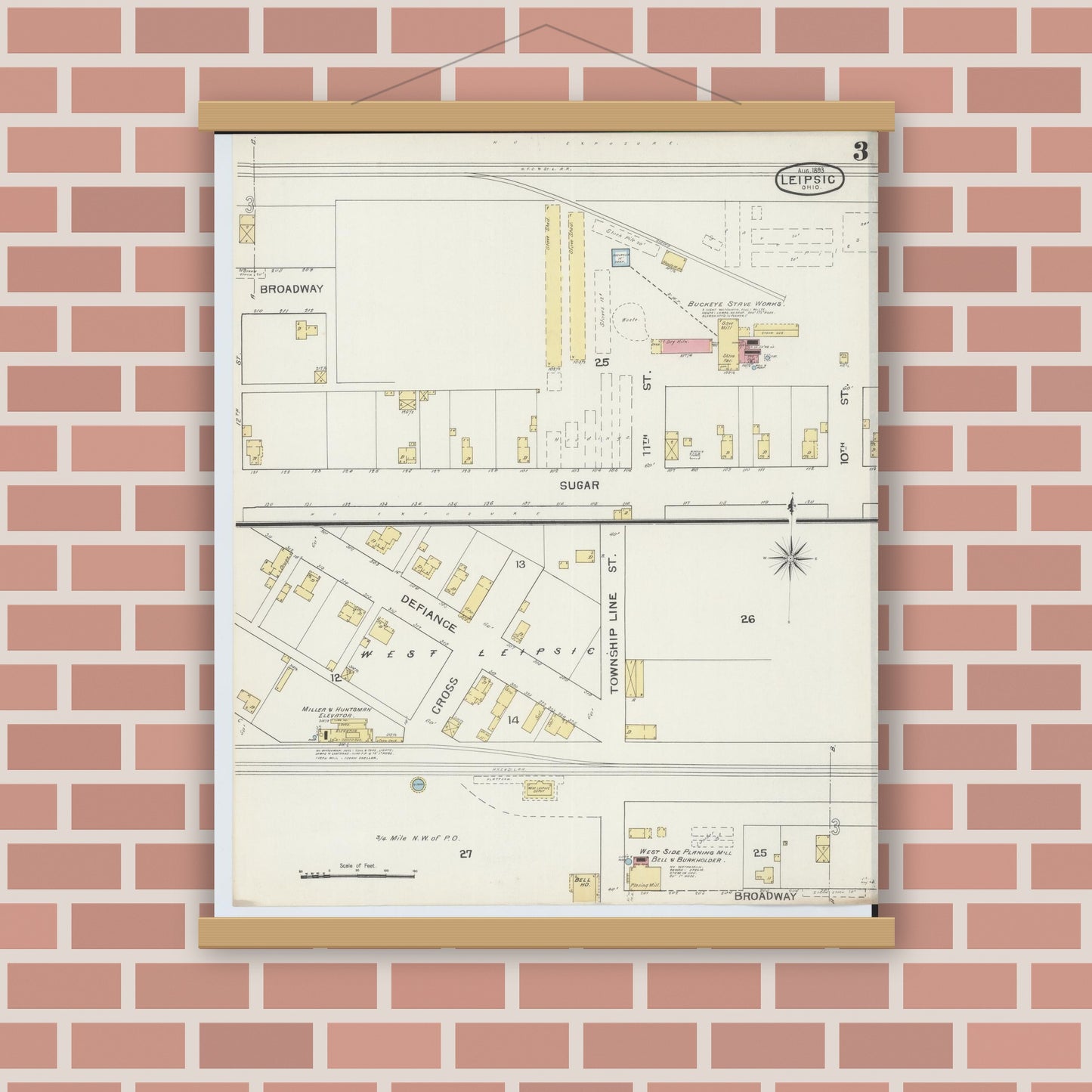 Old map wall art mockup — magnetic wood frame on brick wall — Sanborn Fire Insurance Map from Leipsic, Putnam County, Ohio (1893), Sheet #0003