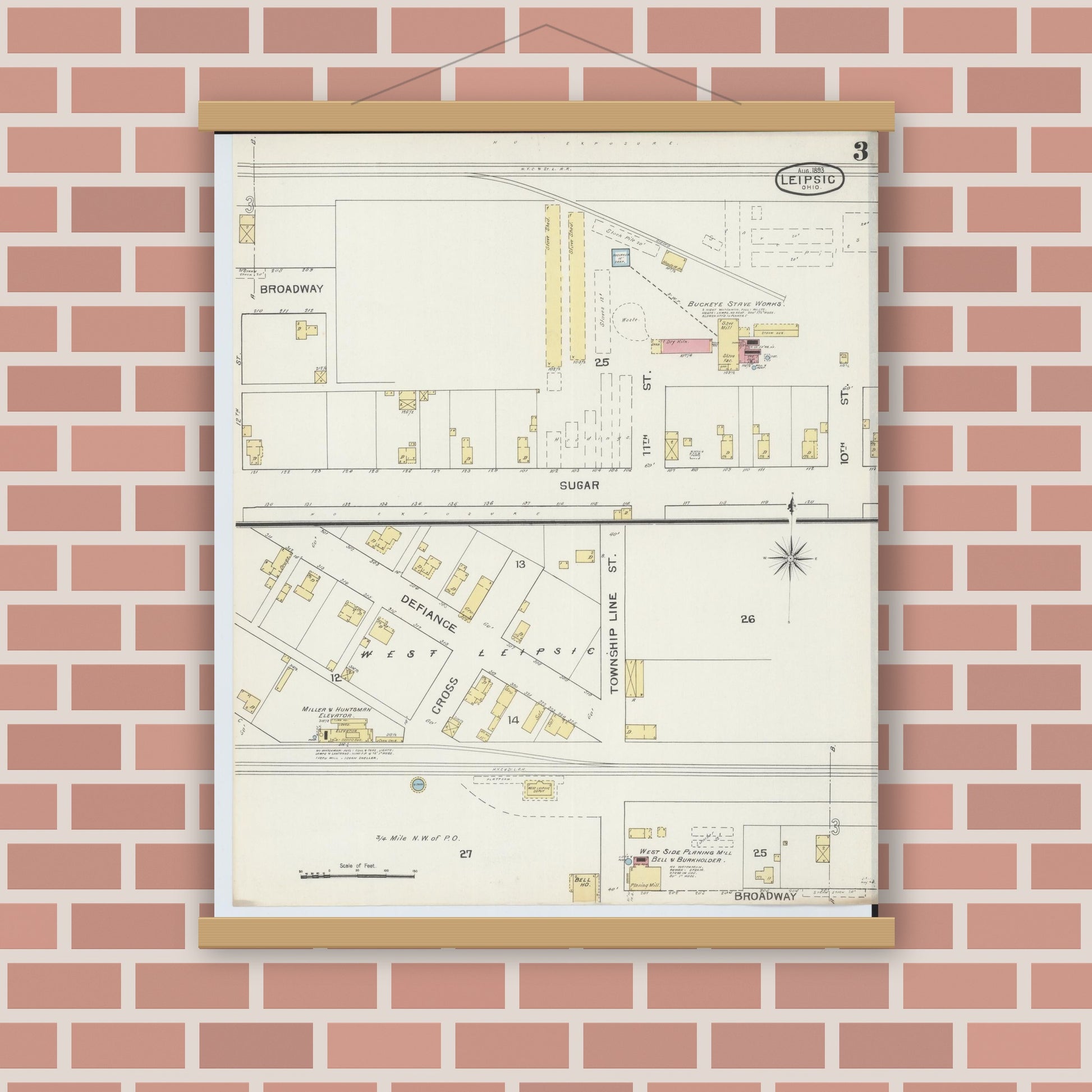 Old map wall art mockup — magnetic wood frame on brick wall — Sanborn Fire Insurance Map from Leipsic, Putnam County, Ohio (1893), Sheet #0003