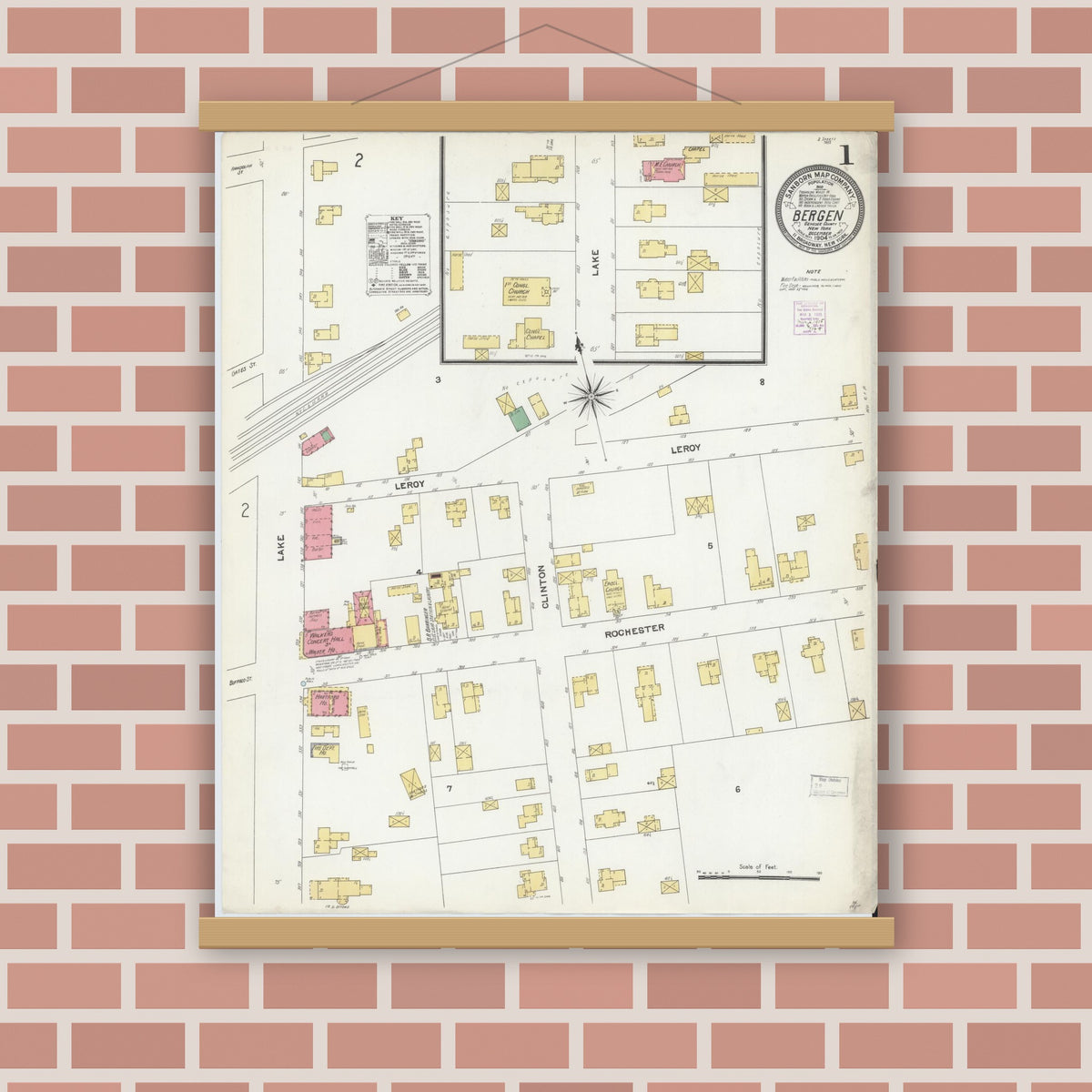 Old map wall art mockup — magnetic wood frame on brick wall — Sanborn Fire Insurance Map from Bergen, Genesee County, New York (1904), Sheet #0001