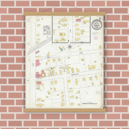 Old map wall art mockup — magnetic wood frame on brick wall — Sanborn Fire Insurance Map from Bergen, Genesee County, New York (1904), Sheet #0001
