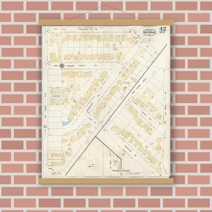 Old map wall art mockup — magnetic wood frame on brick wall — Sanborn Fire Insurance Map from Burlingame, San Mateo County, California (1949), Sheet #0042