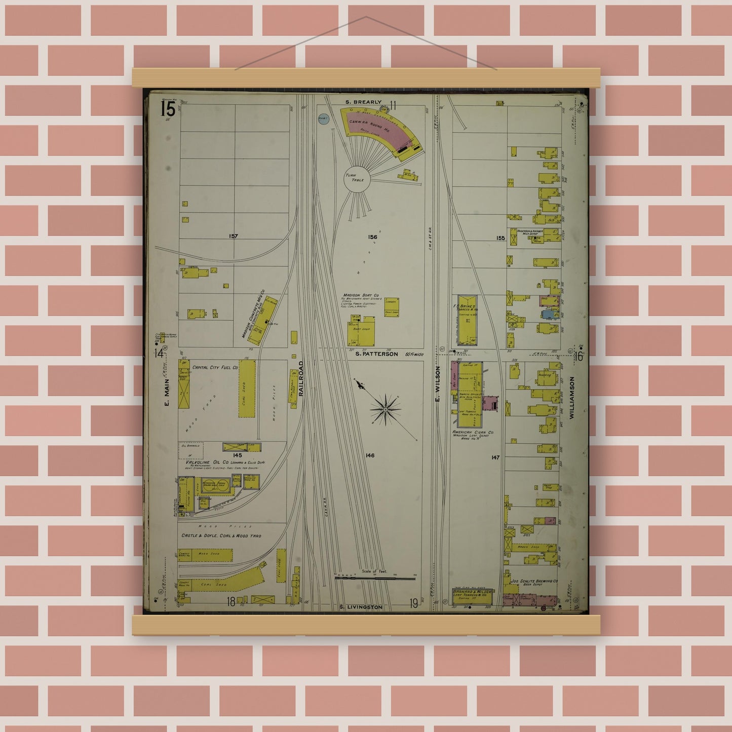 Old map wall art mockup — magnetic wood frame on brick wall — Sanborn Fire Insurance Map from Madison, Dane County, Wisconsin (1908), Sheet #0015