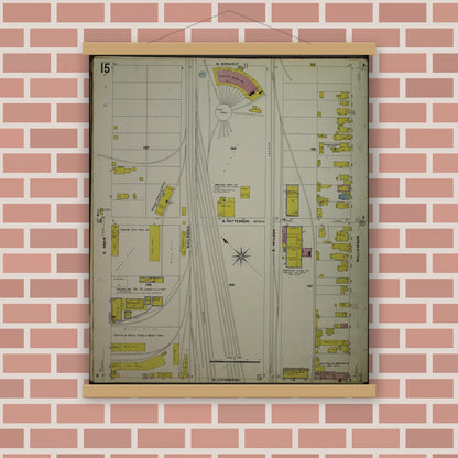 Old map wall art mockup — magnetic wood frame on brick wall — Sanborn Fire Insurance Map from Madison, Dane County, Wisconsin (1908), Sheet #0015