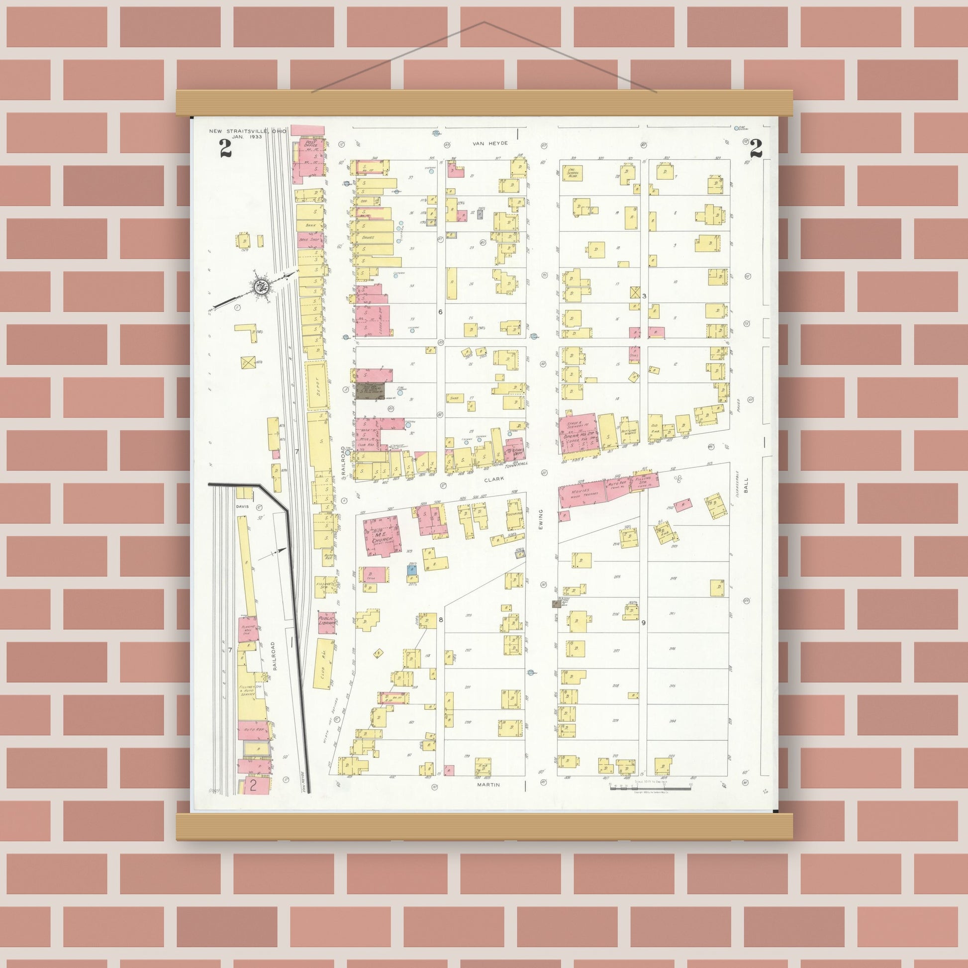 Old map wall art mockup — magnetic wood frame on brick wall — Sanborn Fire Insurance Map from New Straitsville, Perry County, Ohio (1933), Sheet #0002
