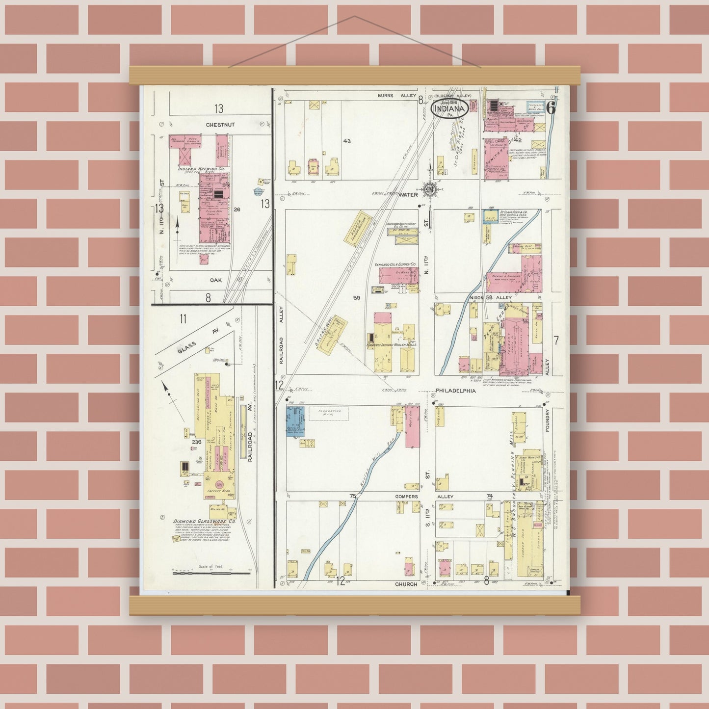 Old map wall art mockup — magnetic wood frame on brick wall — Sanborn Fire Insurance Map from Indiana, Indiana County, Pennsylvania (1916), Sheet #0006