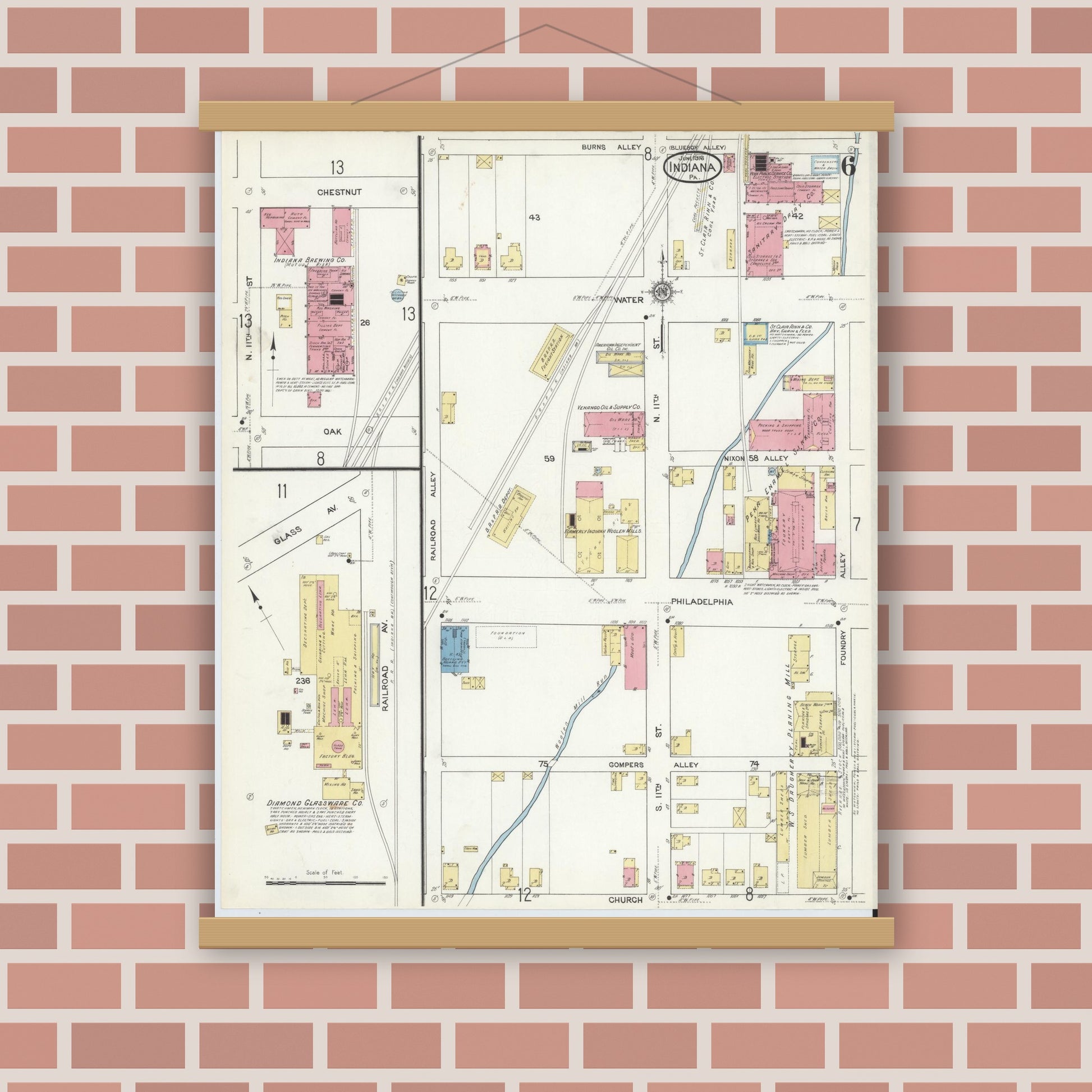 Old map wall art mockup — magnetic wood frame on brick wall — Sanborn Fire Insurance Map from Indiana, Indiana County, Pennsylvania (1916), Sheet #0006