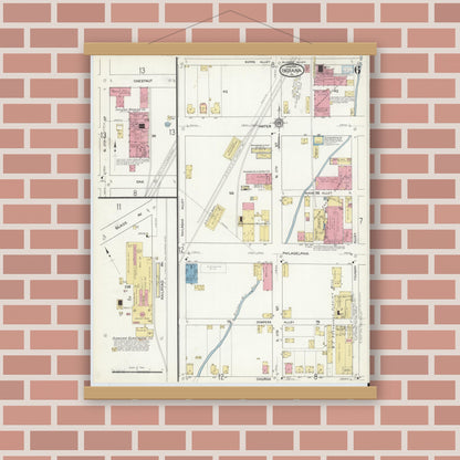 Old map wall art mockup — magnetic wood frame on brick wall — Sanborn Fire Insurance Map from Indiana, Indiana County, Pennsylvania (1916), Sheet #0006