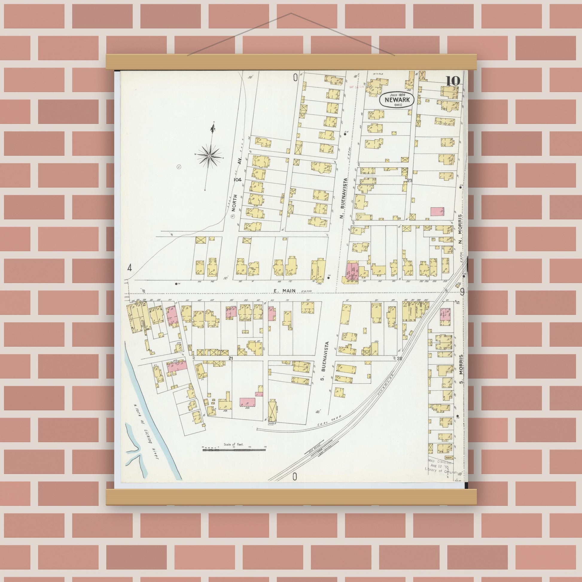 Old map wall art mockup — magnetic wood frame on brick wall — Sanborn Fire Insurance Map from Newark, Licking County, Ohio (1899), Sheet #0010