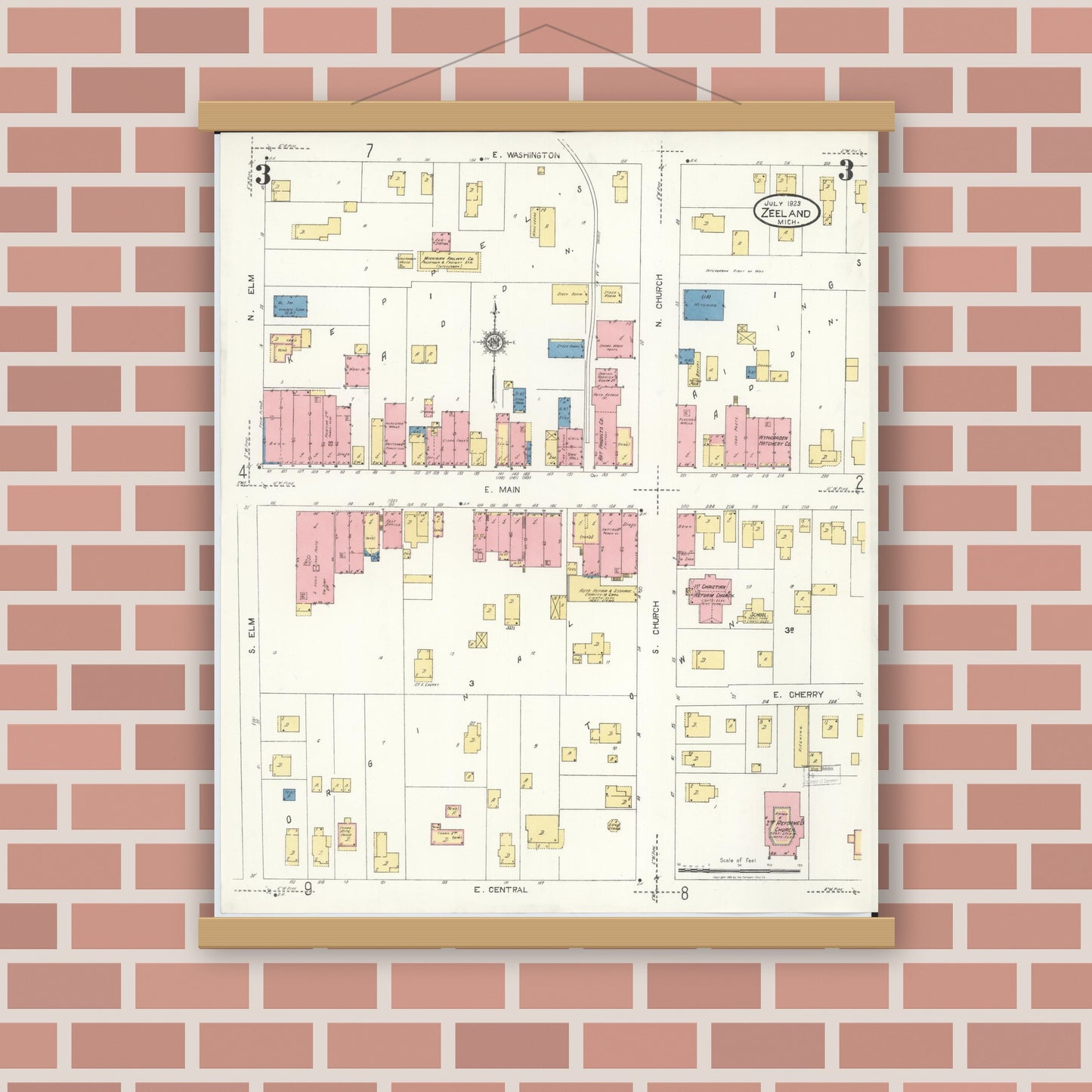 Old map wall art mockup — magnetic wood frame on brick wall — Sanborn Fire Insurance Map from Zeeland, Ottawa County, Michigan (1923), Sheet #0003