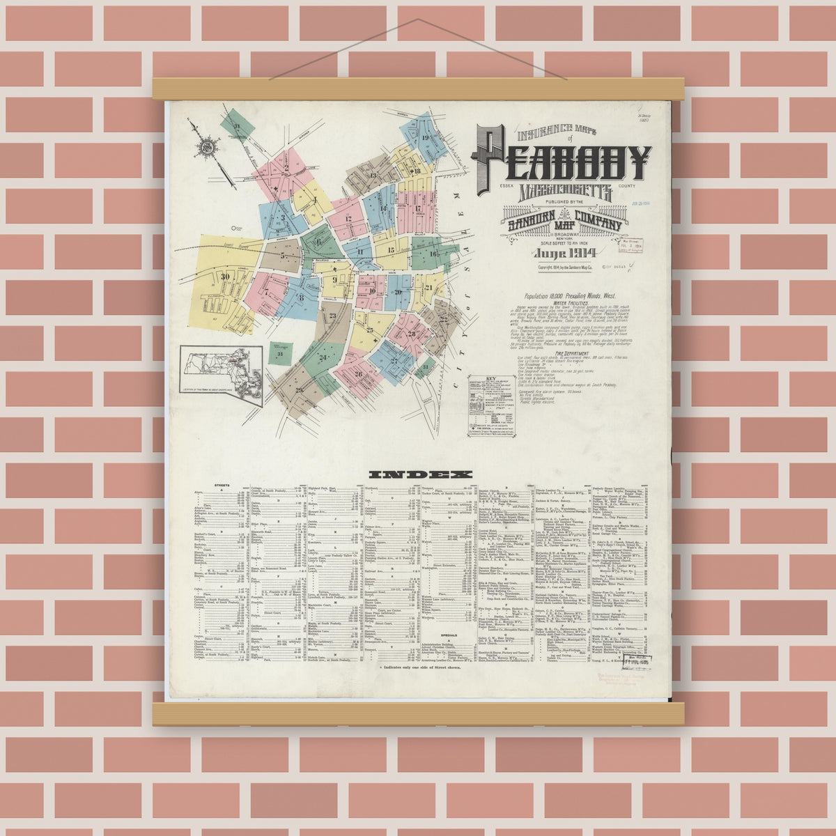 Old map wall art mockup — magnetic wood frame on brick wall — Sanborn Fire Insurance Map from Peabody, Essex County, Massachusetts (1914) - Complete Map Set