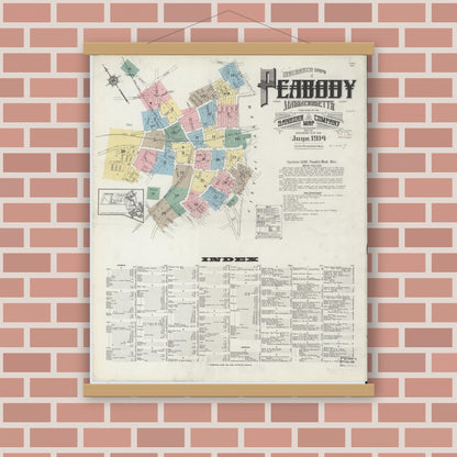 Old map wall art mockup — magnetic wood frame on brick wall — Sanborn Fire Insurance Map from Peabody, Essex County, Massachusetts (1914) - Complete Map Set