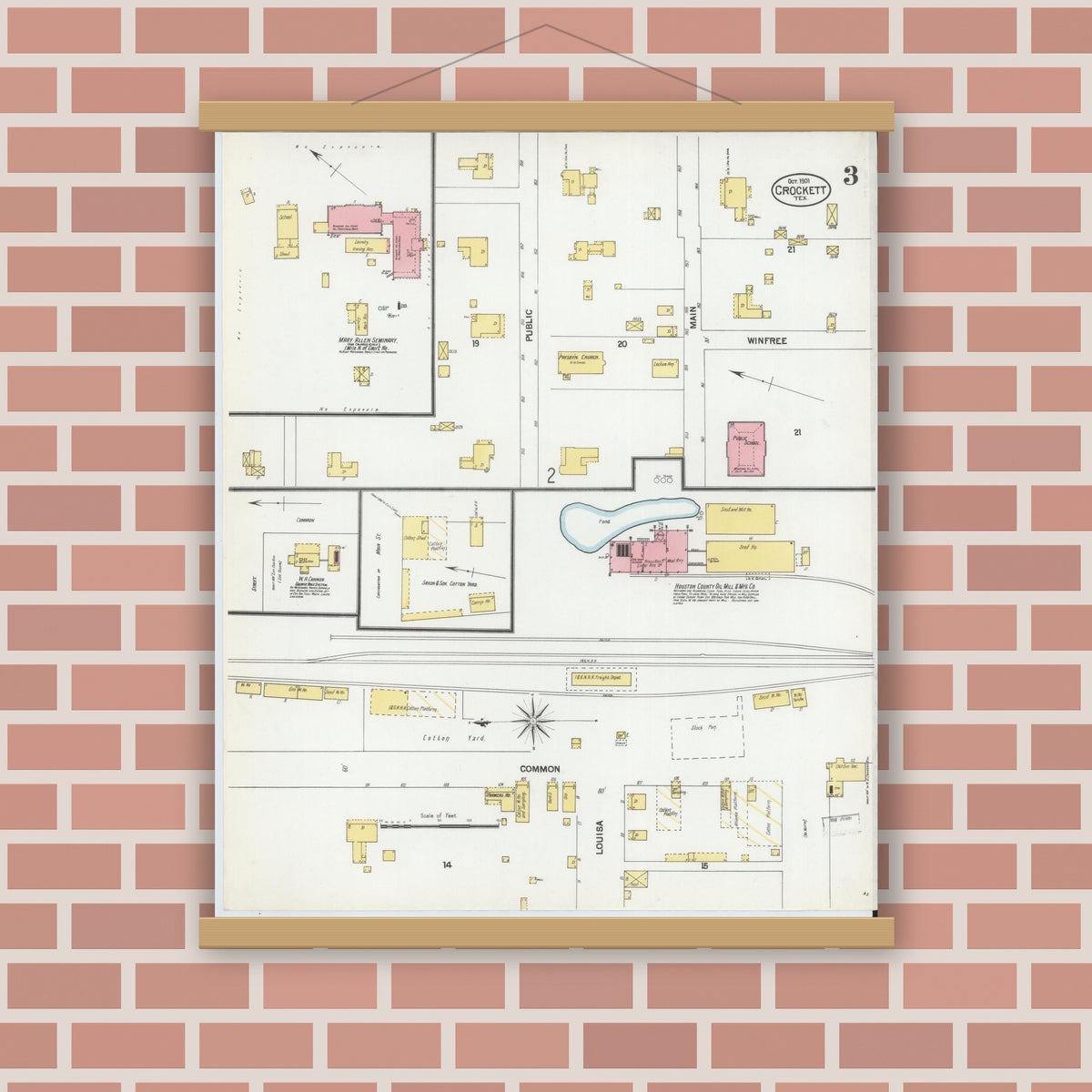 Old map wall art mockup — magnetic wood frame on brick wall — Sanborn Fire Insurance Map from Crockett, Houston County, Texas (1901), Sheet #0003