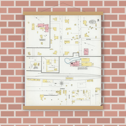 Old map wall art mockup — magnetic wood frame on brick wall — Sanborn Fire Insurance Map from Crockett, Houston County, Texas (1901), Sheet #0003