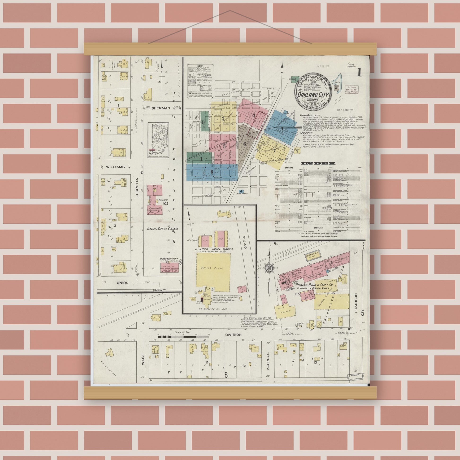 Old map wall art mockup — magnetic wood frame on brick wall — Sanborn Fire Insurance Map from Oakland City, Gibson County, Indiana (1913) - Complete Map Set