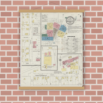 Old map wall art mockup — magnetic wood frame on brick wall — Sanborn Fire Insurance Map from Oakland City, Gibson County, Indiana (1913) - Complete Map Set