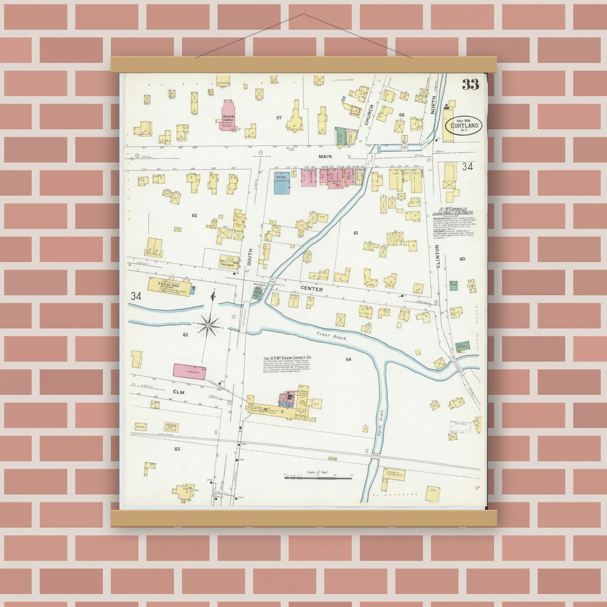 Old map wall art mockup — magnetic wood frame on brick wall — Sanborn Fire Insurance Map from Cortland, Cortland County, New York (1908), Sheet #0033