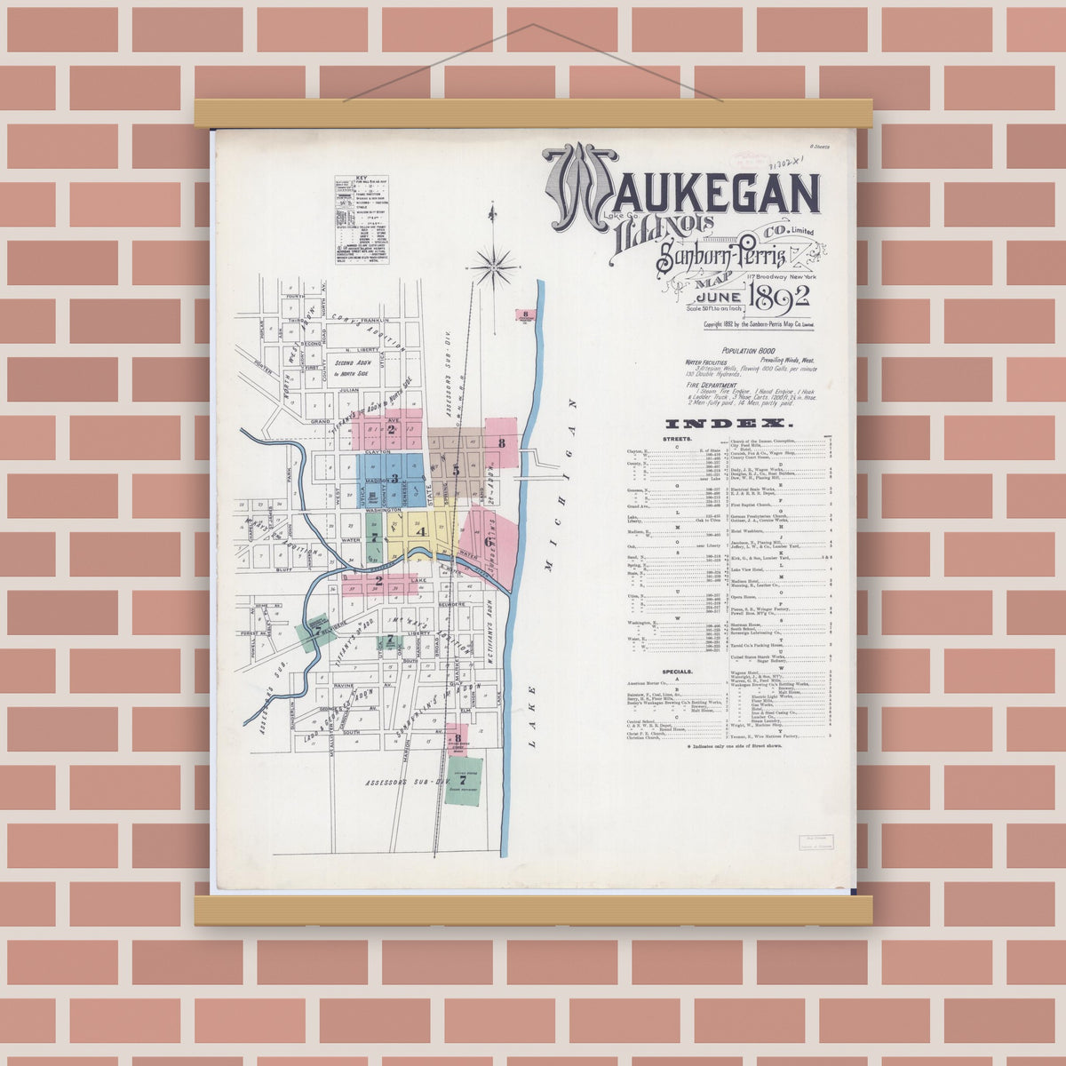 Old map wall art mockup — magnetic wood frame on brick wall — Sanborn Fire Insurance Map from Waukegan, Lake County, Illinois (1892) - Complete Map Set