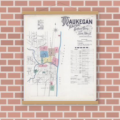 Old map wall art mockup — magnetic wood frame on brick wall — Sanborn Fire Insurance Map from Waukegan, Lake County, Illinois (1892) - Complete Map Set
