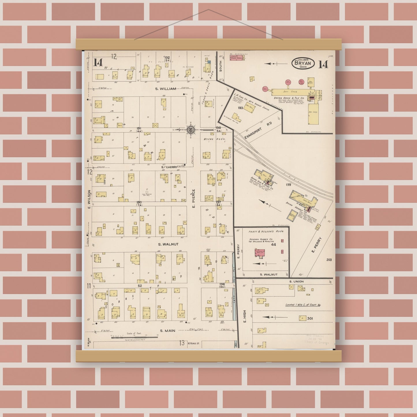 Old map wall art mockup — magnetic wood frame on brick wall — Sanborn Fire Insurance Map from Bryan, Williams County, Ohio (1923), Sheet #0014