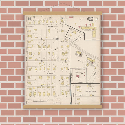 Old map wall art mockup — magnetic wood frame on brick wall — Sanborn Fire Insurance Map from Bryan, Williams County, Ohio (1923), Sheet #0014