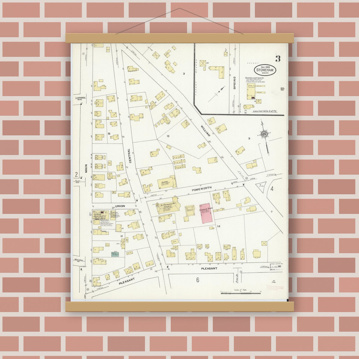 Old map wall art mockup — magnetic wood frame on brick wall — Sanborn Fire Insurance Map from Stoneham, Middlesex County, Massachusetts (1909), Sheet #0003