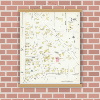 Old map wall art mockup — magnetic wood frame on brick wall — Sanborn Fire Insurance Map from Stoneham, Middlesex County, Massachusetts (1909), Sheet #0003