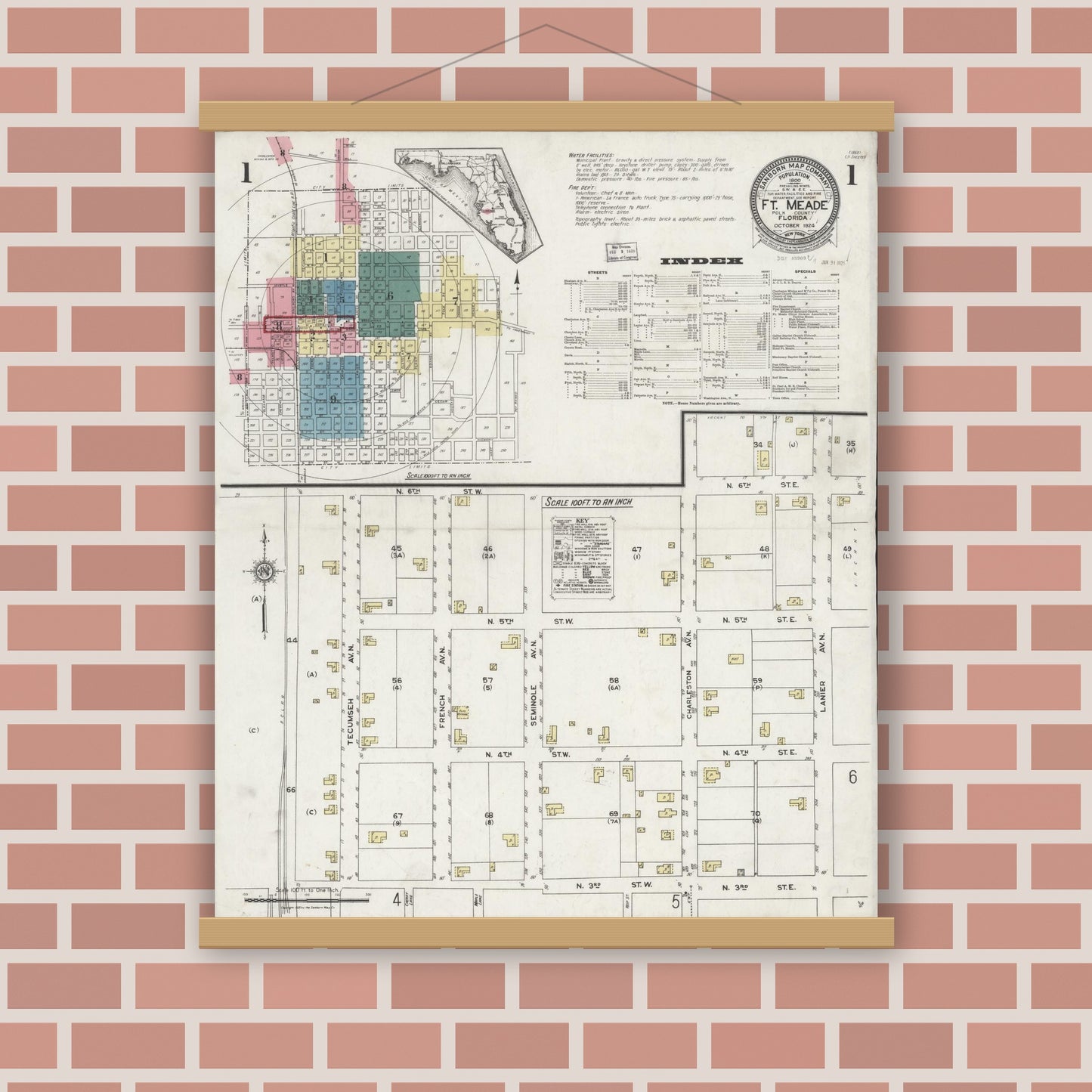 Old map wall art mockup — magnetic wood frame on brick wall — Sanborn Fire Insurance Map from Fort Meade, Polk County, Florida (1924), Sheet #0001