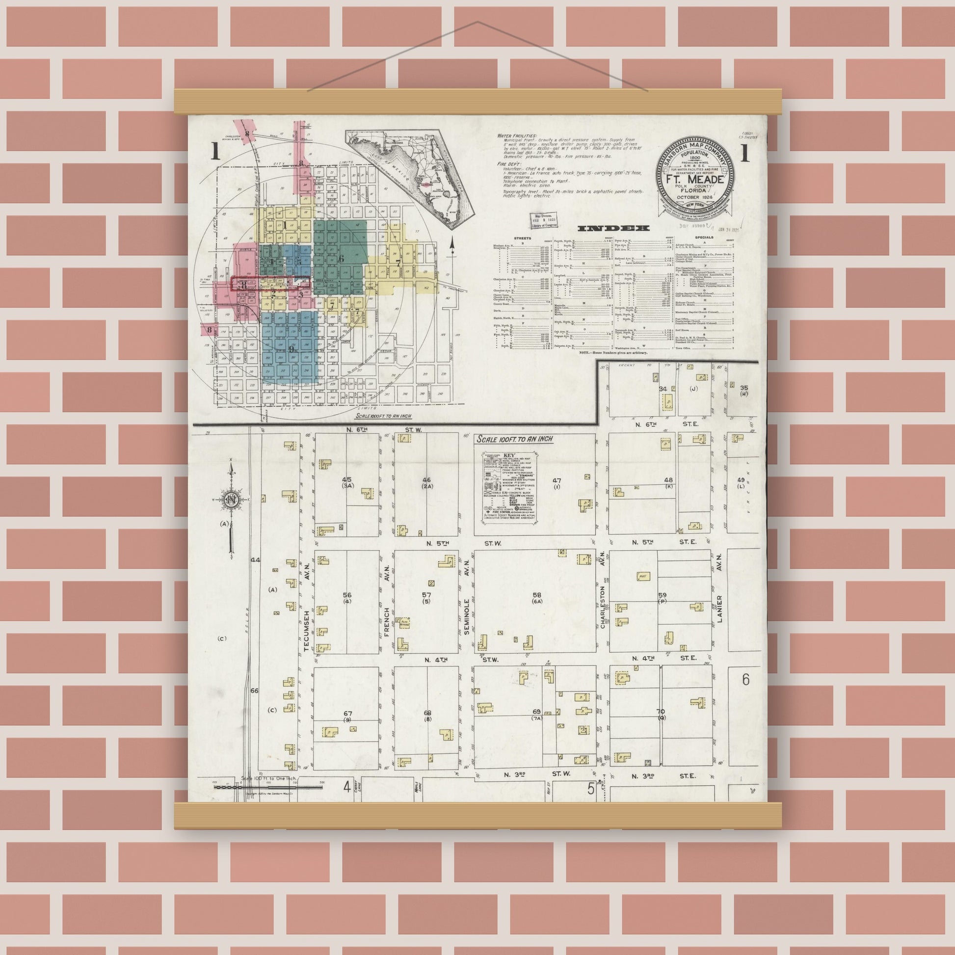 Old map wall art mockup — magnetic wood frame on brick wall — Sanborn Fire Insurance Map from Fort Meade, Polk County, Florida (1924), Sheet #0001
