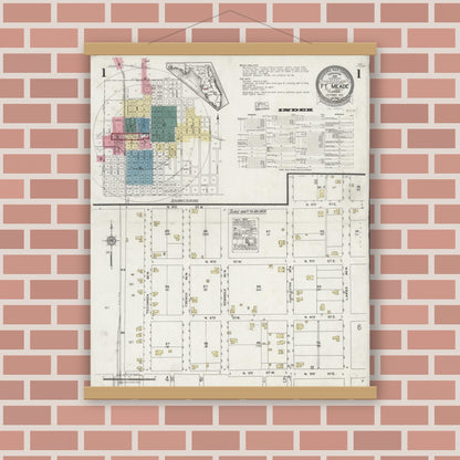 Old map wall art mockup — magnetic wood frame on brick wall — Sanborn Fire Insurance Map from Fort Meade, Polk County, Florida (1924), Sheet #0001