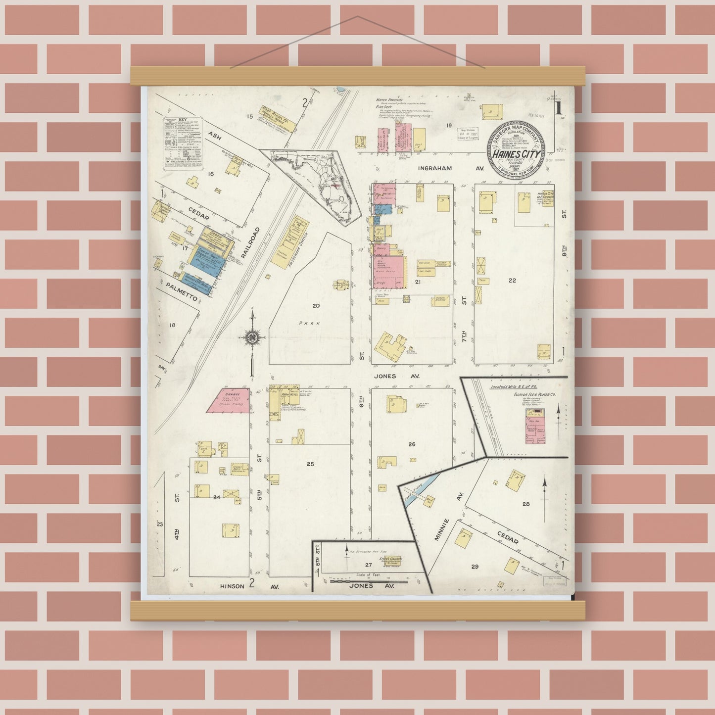 Old map wall art mockup — magnetic wood frame on brick wall — Sanborn Fire Insurance Map from Haines City, Polk County, Florida (1917) - Complete Map Set