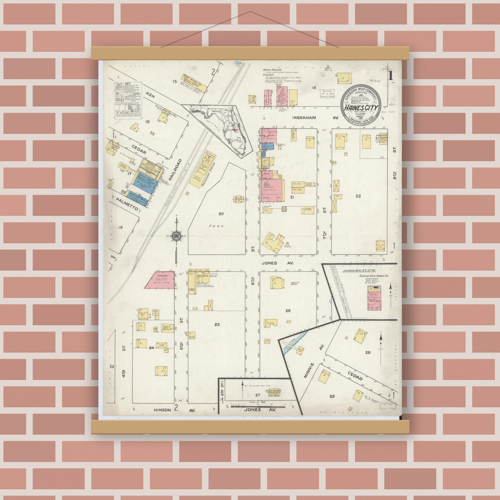 Old map wall art mockup — magnetic wood frame on brick wall — Sanborn Fire Insurance Map from Haines City, Polk County, Florida (1917) - Complete Map Set