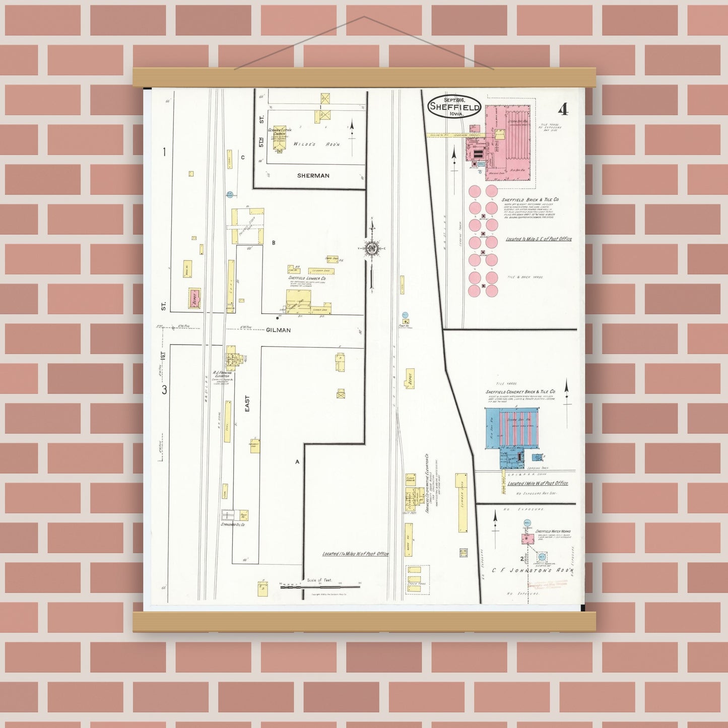 Old map wall art mockup — magnetic wood frame on brick wall — Sanborn Fire Insurance Map from Sheffield, Franklin County, Iowa (1916), Sheet #0004