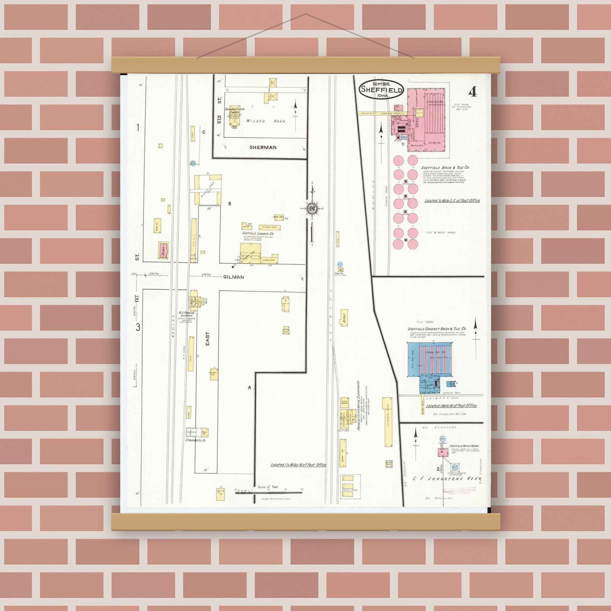 Old map wall art mockup — magnetic wood frame on brick wall — Sanborn Fire Insurance Map from Sheffield, Franklin County, Iowa (1916), Sheet #0004