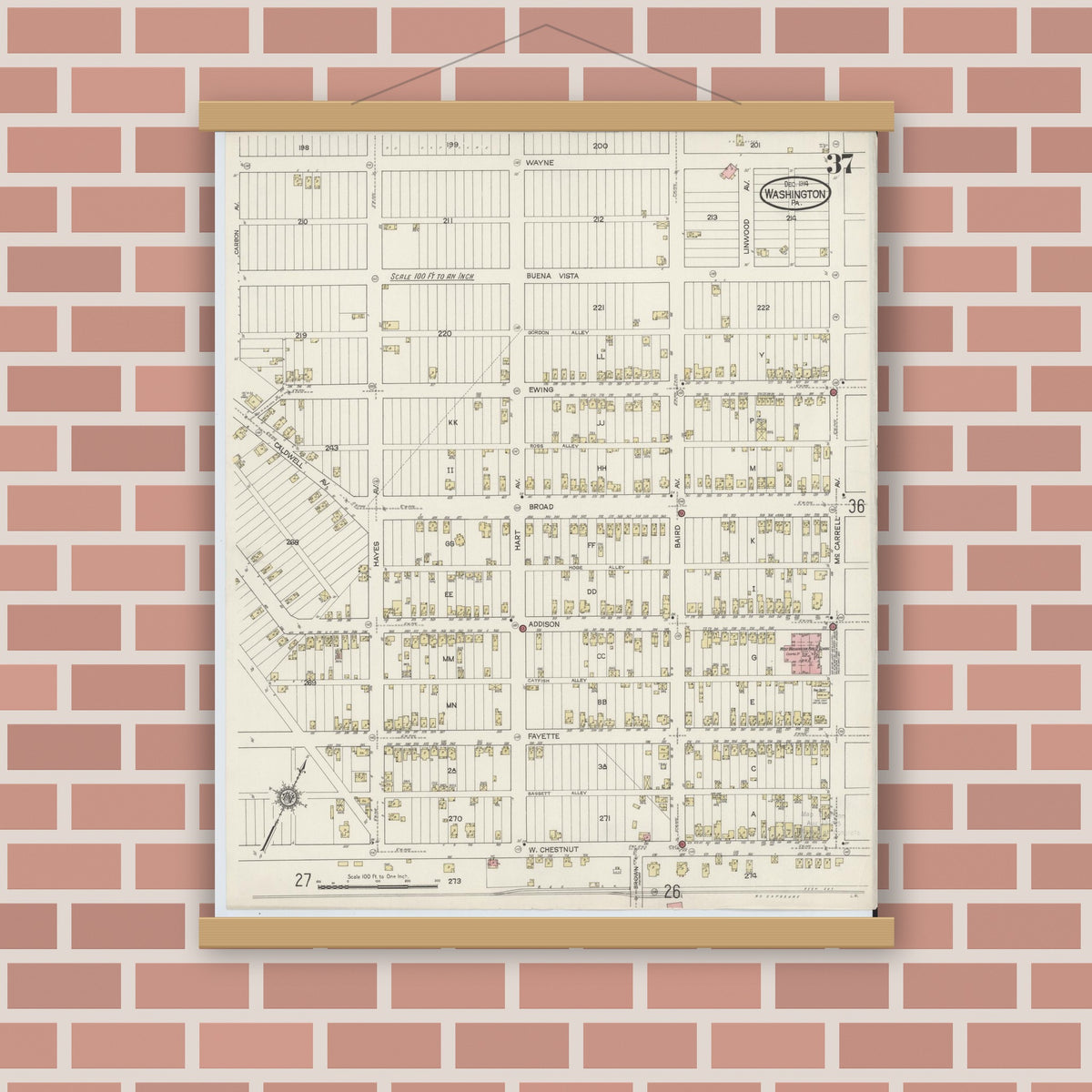 Old map wall art mockup — magnetic wood frame on brick wall — Sanborn Fire Insurance Map from Washington, Washington County, Pennsylvania (1914), Sheet #0037